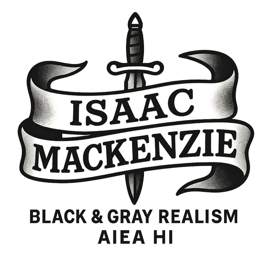 Isaac Mackenzie logo — Black & gray realism tattoo, TNT Tattoo Aiea